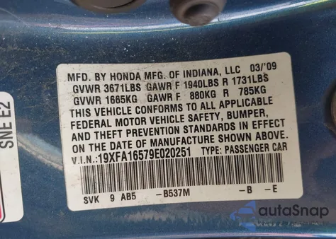 2009 Honda Civic Lx from USA, damaged, VIN 19XFA16579E020251